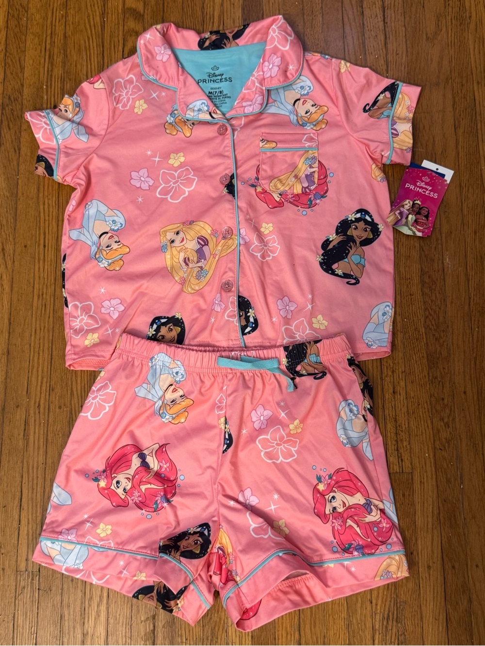 Disney Princess Girls Pink Flame Button Down Pajama Set 7/8 M